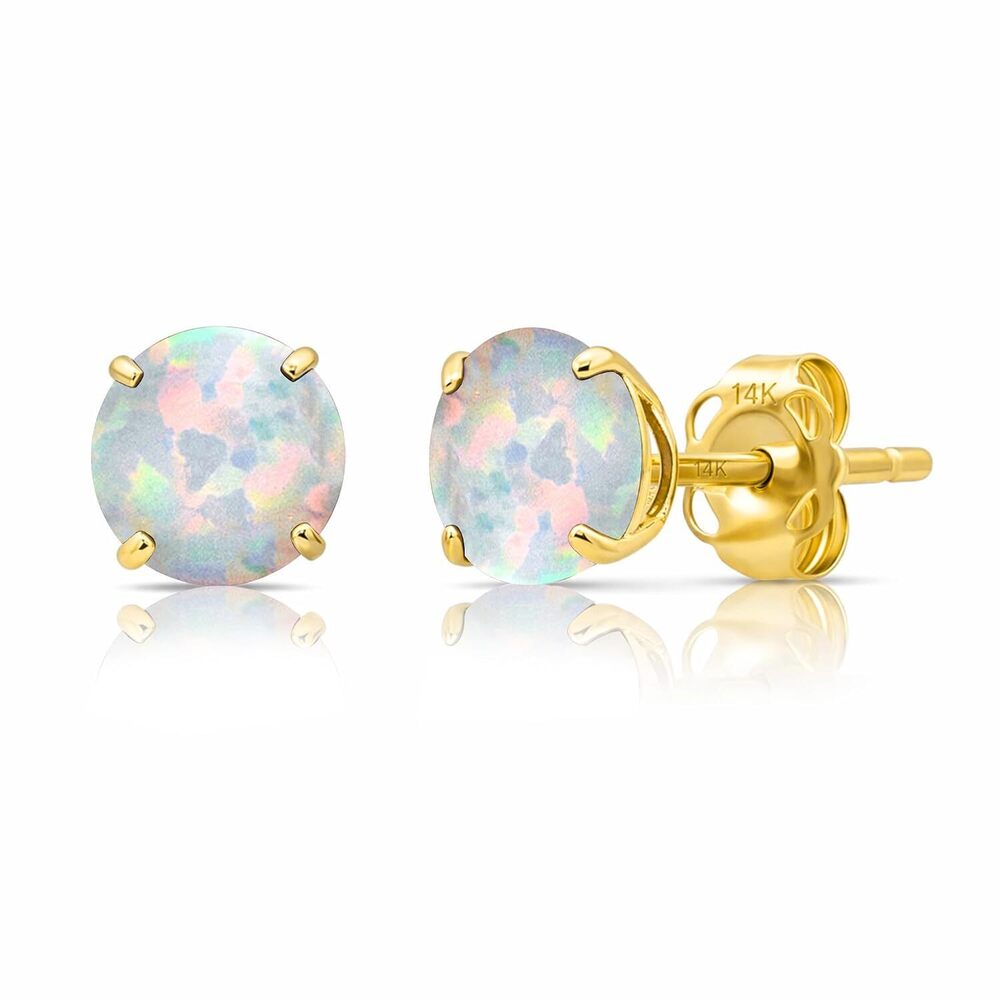 14K Yellow Gold Round Created White Opal Stud Earrings for Women with Push Backs